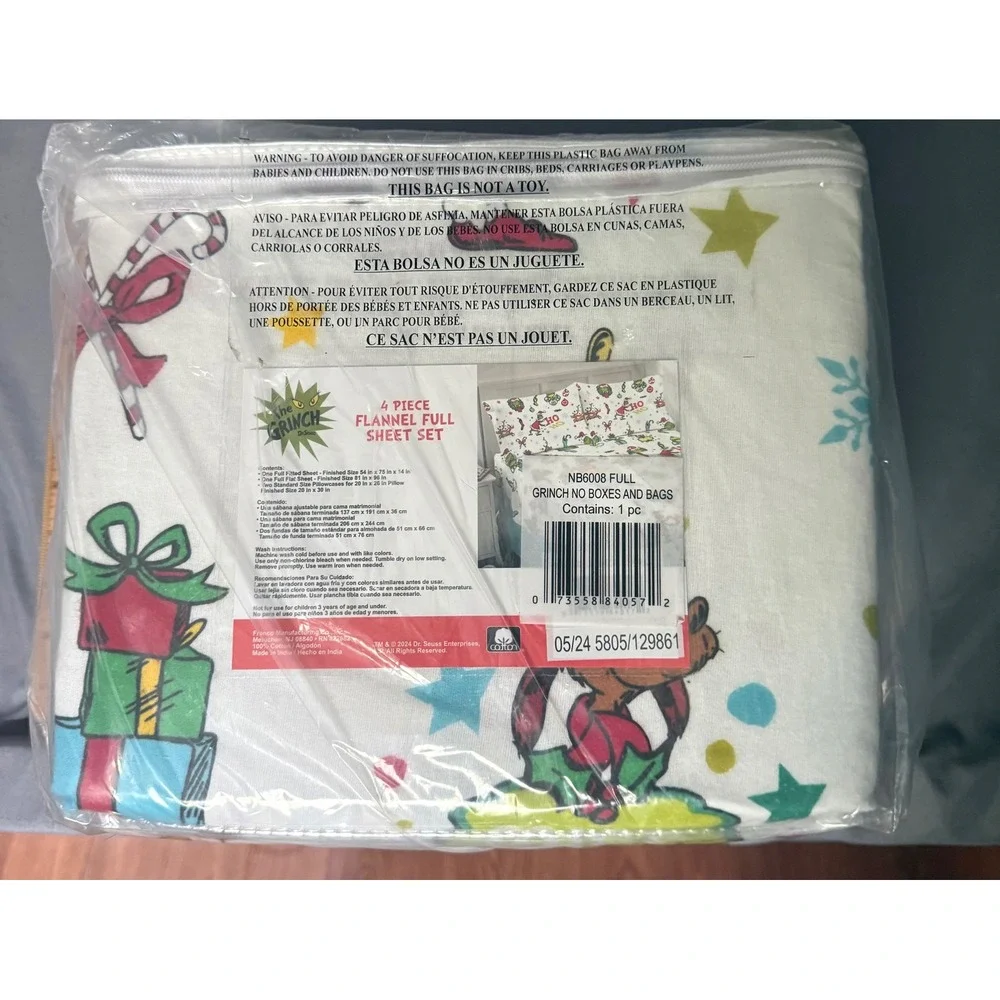 NEW Dr Seuss The Grinch Christmas 4 Piece Flannel Full Sheet Set White NB6008